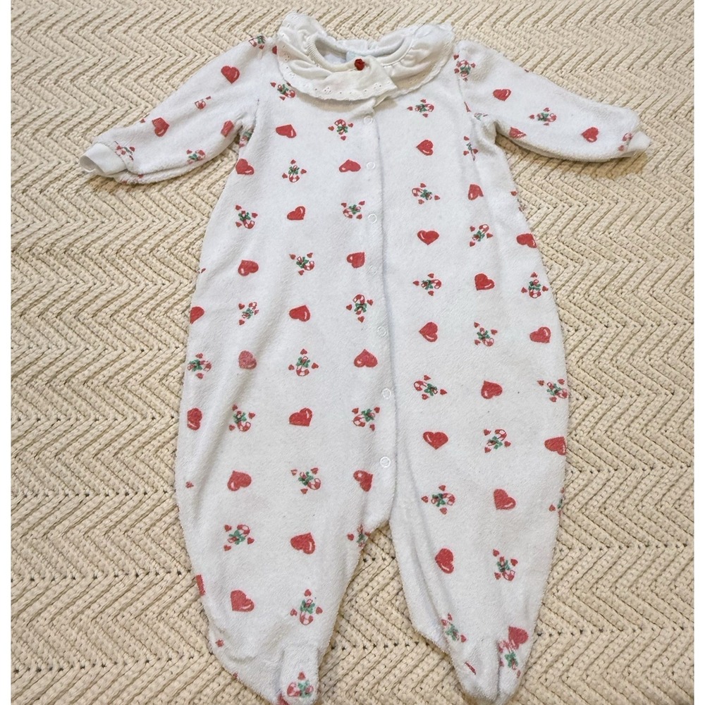 Hang in There Vintage 90s Candy Cane Heart Terry‎ Sleeper White Red 6-9 Months